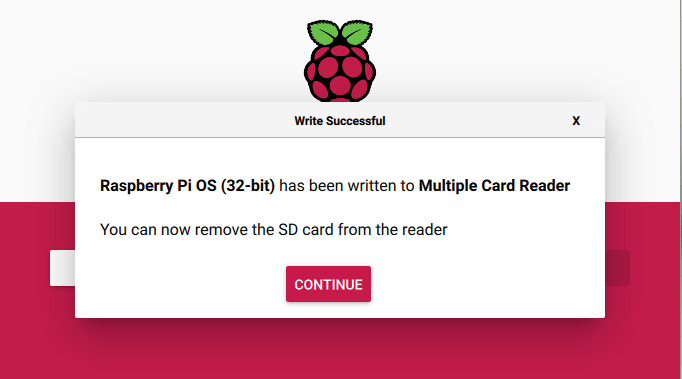 Instalador Raspberry Pi Imager gravação do SO finalizada